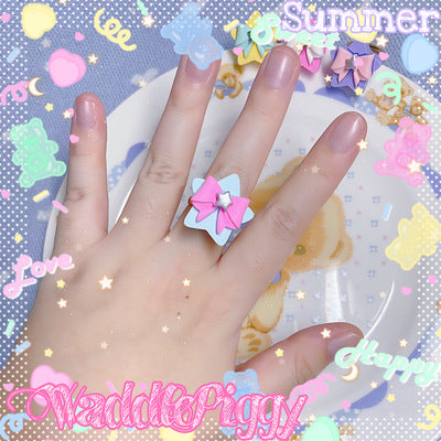 WaddlePiggy - Sweet Lolita Adjustable Handmade Star Bow Lolita Ring sax star