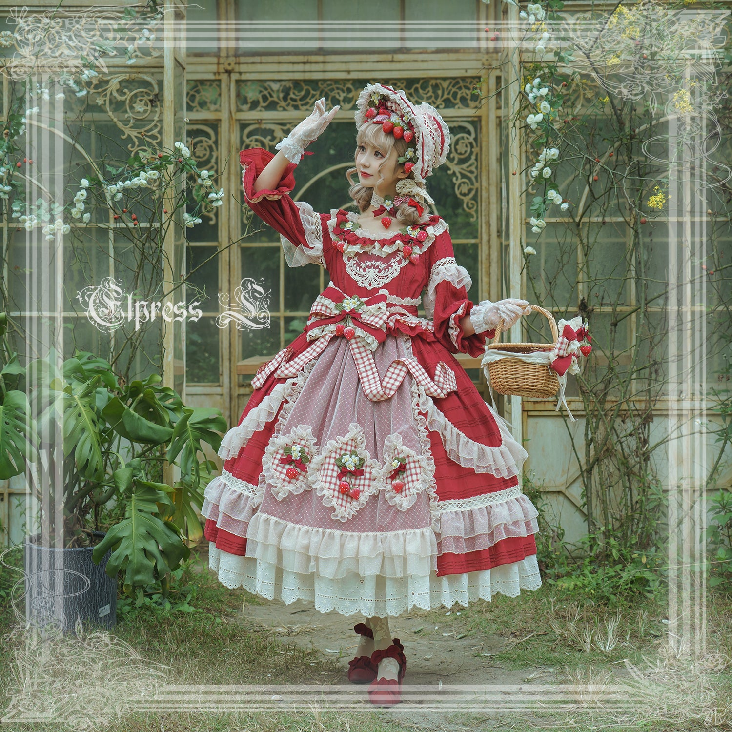 Elpress L - Peach Fragrance - Country Lolita Multicolors Strawberry Lolita OP Dress long XS berry red