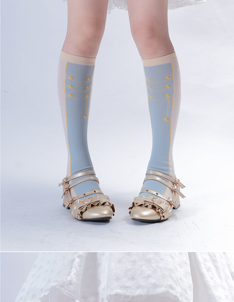 Roji roji~Uniform Middle Tube Cotton Lolita Calf Socks free size blue&white 