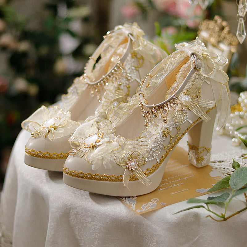 One Night - Handmade Luxuriant Tea Party Lolita Shoes 34 beige+gold (8cm,thinner)