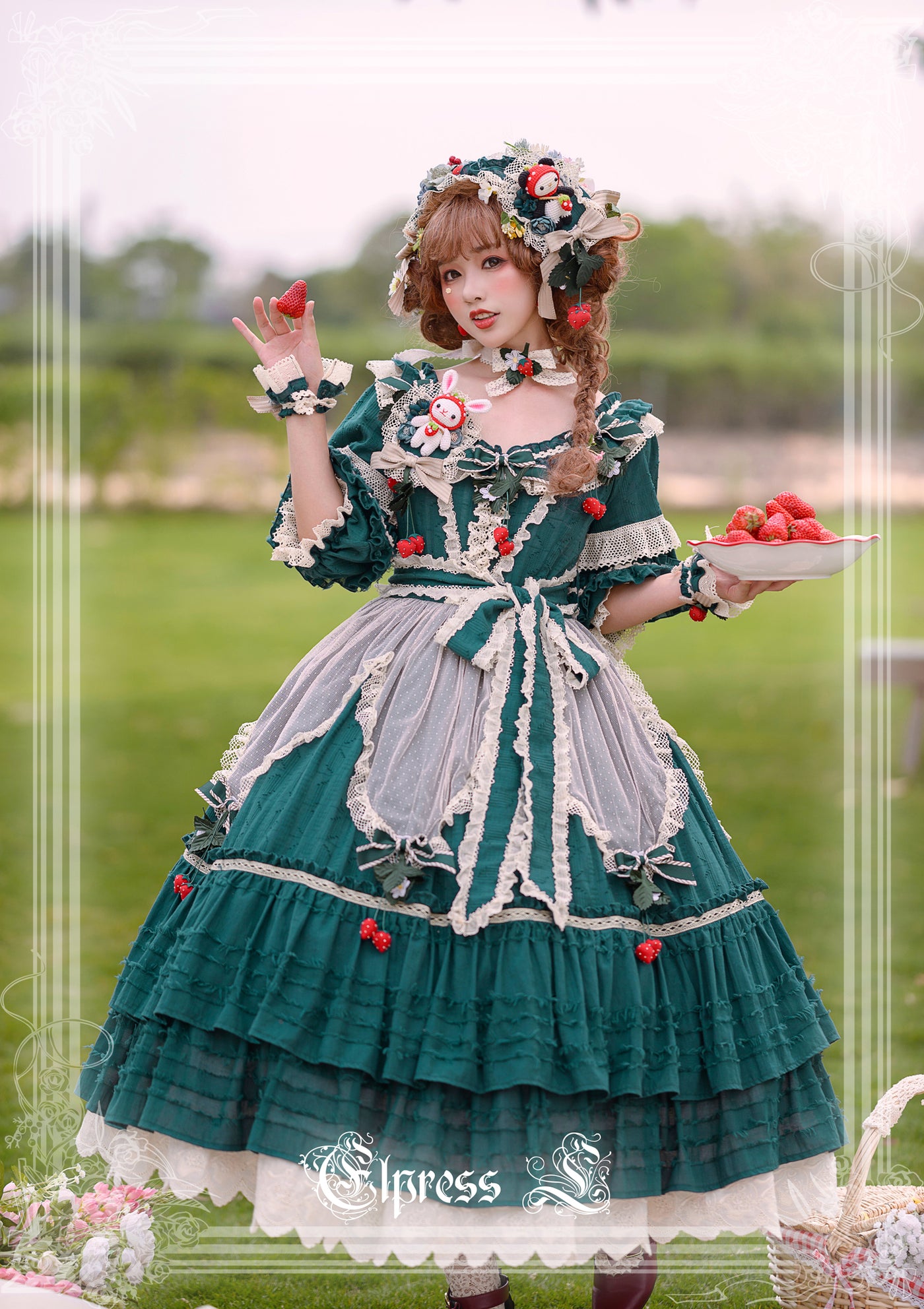 Elpress L~Sweet Charlie~Strawberry Country Lolita Pastoral OP turquoise green (back zipper) long XS