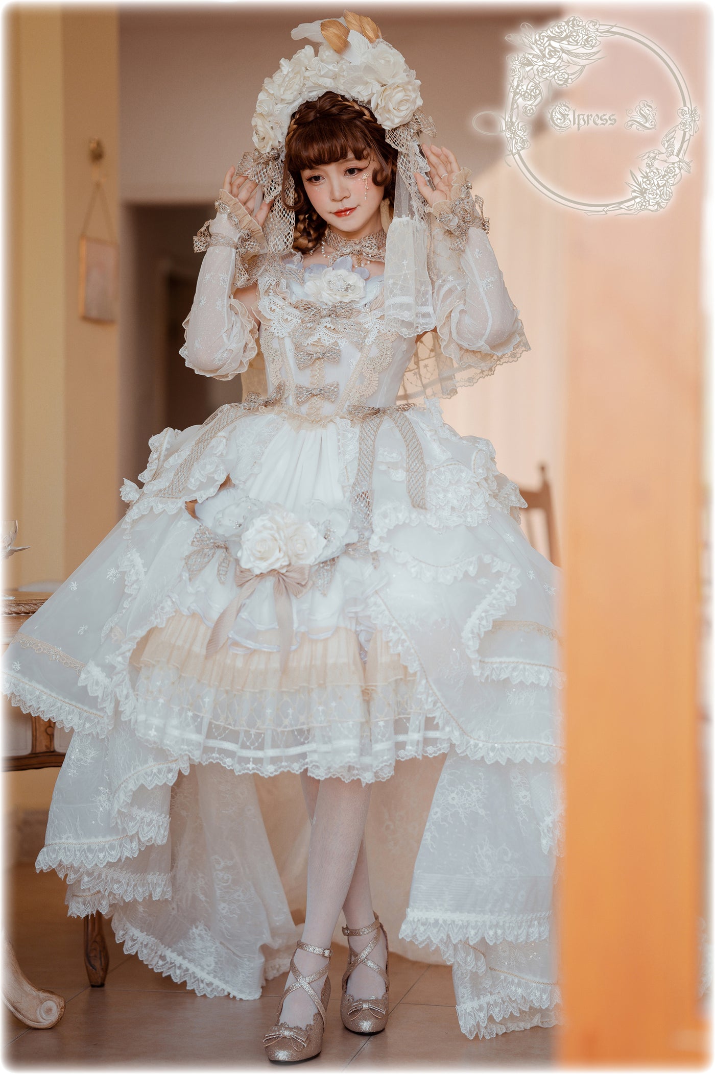 Elpress L~Rose Princess in Snow~Luxuriant Sweet Lolita Jumper Skirt S white X gold 