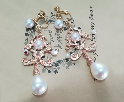 Rose of Sharon~French Lolita Baroque Vintage Pearl Earrings white pearl ear clips  