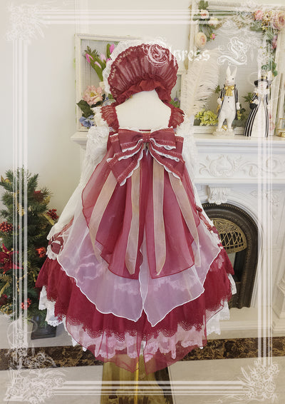 Elpress L~Christmas Flower Hairpins Lolita Mesh Veil KC Bonnet red dual-purpose veil 