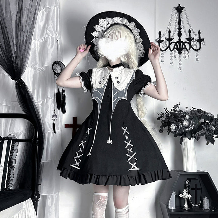 ZhiJinYuan~Spider Witch~Gothic Lolita Dark-theme Cobweb Unique OP S OP + extended sleeves