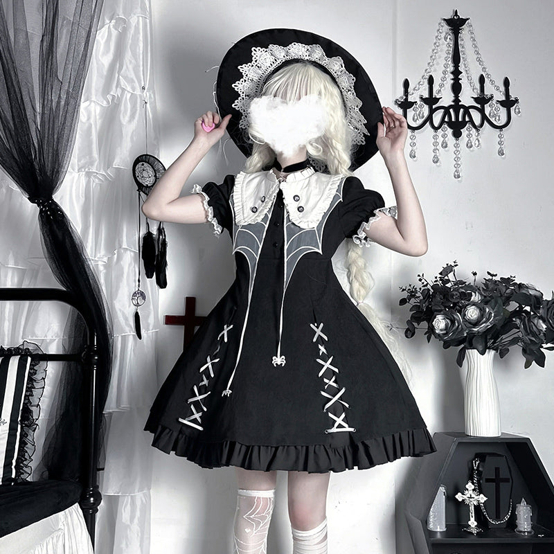 ZhiJinYuan~Spider Witch~Gothic Lolita Dark-theme Cobweb Unique OP S OP + extended sleeves 