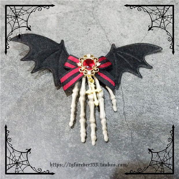 Fox Cherry~Gothic Lolita Batwing Hand Bones Hairclip red small gem hairclip  