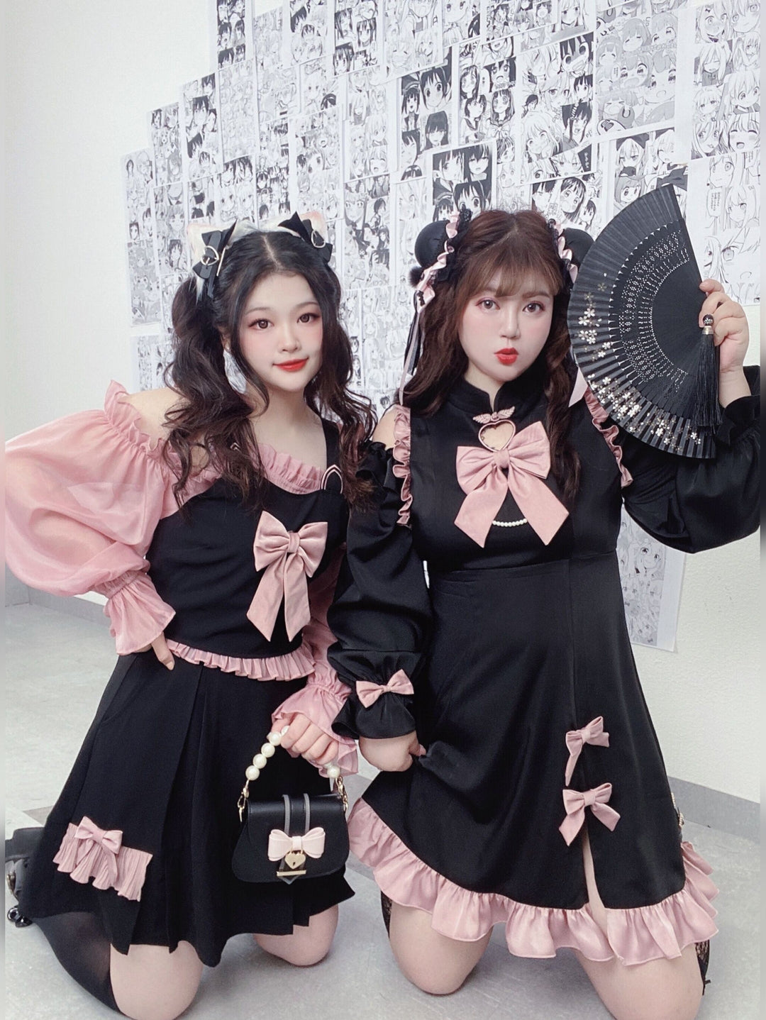 Yingtang~Plus Size Lolita Black Pink Cheongsam Dress Set 8218:104846
