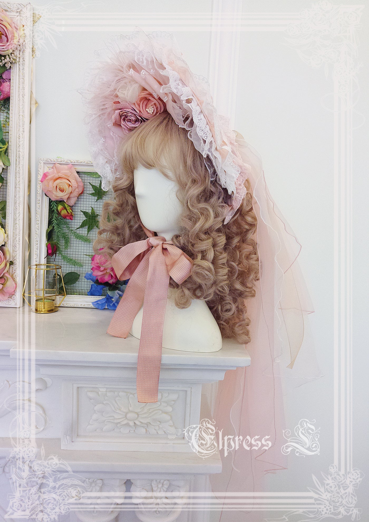 Elpress L~Christmas Flower Hairpins Lolita Mesh Veil KC Bonnet   