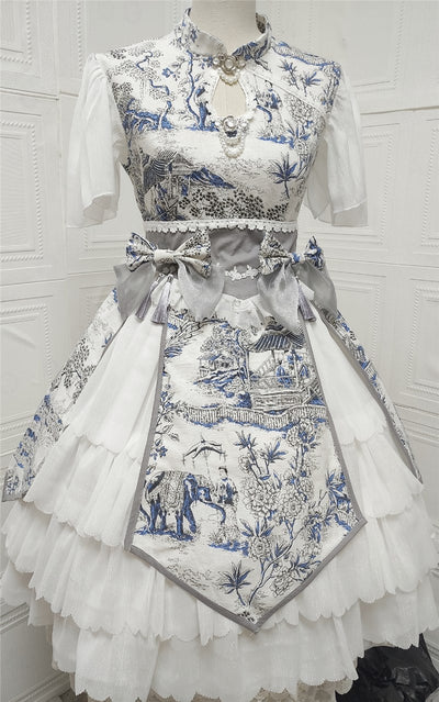 Sweet Angel~Crane Under The Moon~Chinese Qi Lolita Dress S man in woods (white+blue) 
