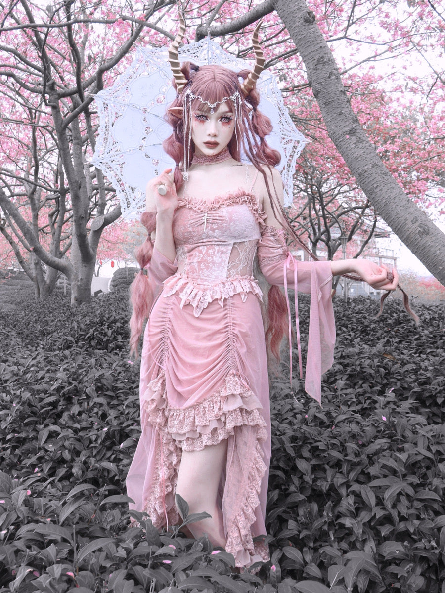 Blood Supply~Sakura Nightmare~Pink Gothic Velvet Drawstring Dress   