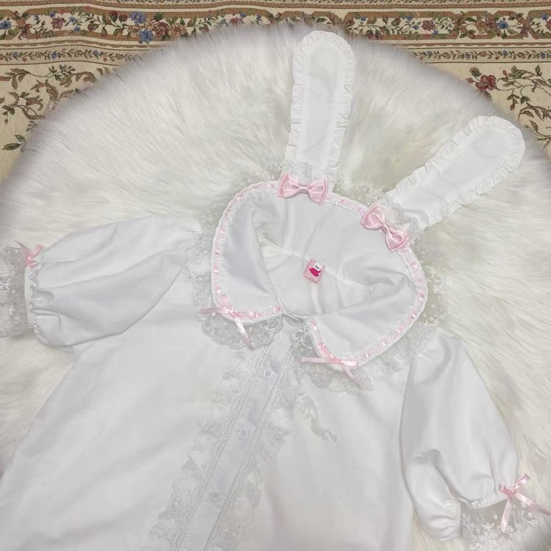 (Buyforme)White Sugar Girl~Cute Lolita Cat Printed Sweet JSK Dress S short sleeve rabbit ears blouse 