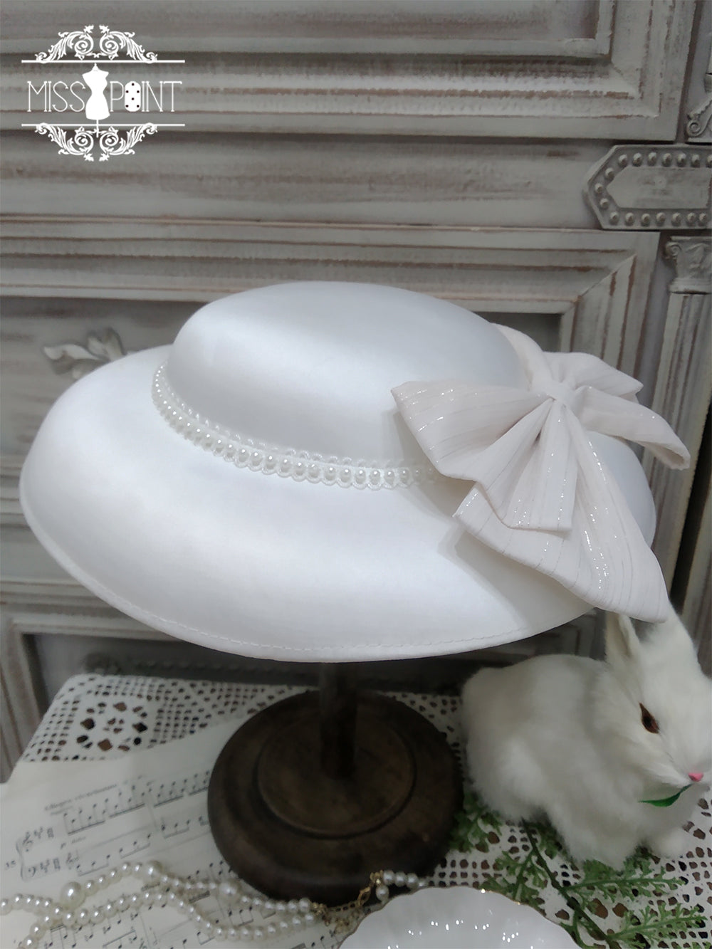 Miss point~Rhine Riverside~Summer Bow Lolita Top Hat white  