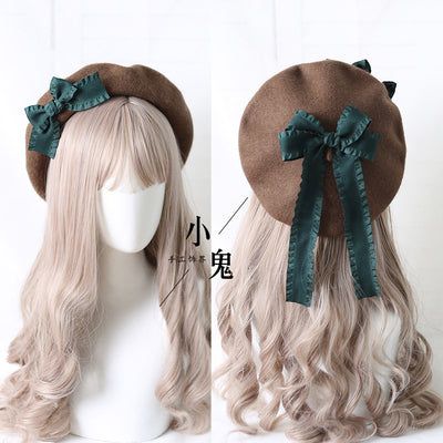 Xiaogui - Sweet Bow Multicolors Lolita Wool Beret M（56-58cm） coffee hat with dark green bows