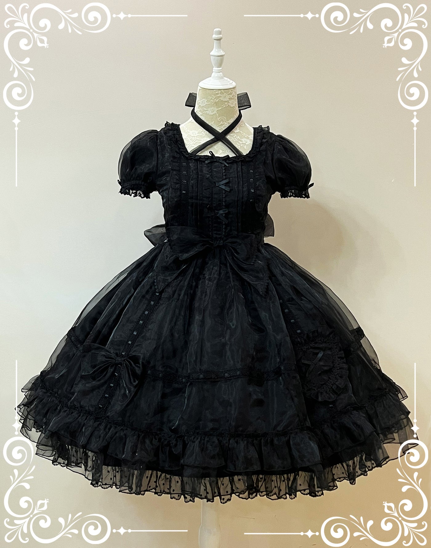 Little Bear~Mini Puff-Sleeve OP Dress with Organza S black OP 