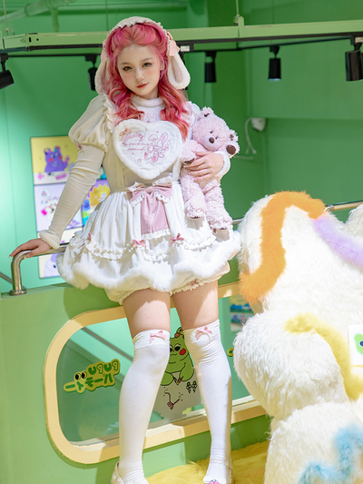 (Buyforme)Pink Fleece Rabbit Lolita Salopette Bubble Sleeve Blouse   