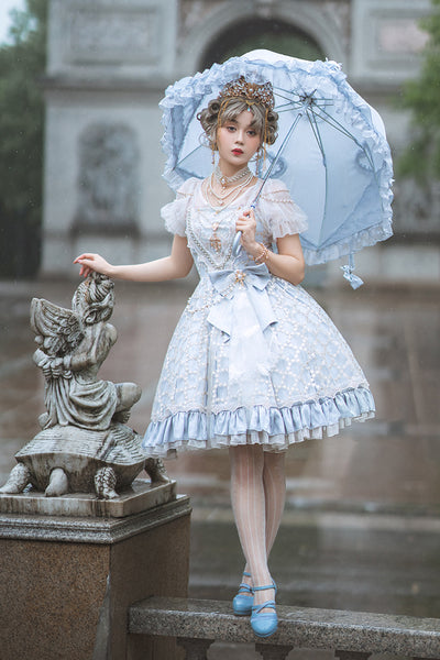 Lingxi Lolita~Greek Style Vintage Handmade Bead Lolita Dress S light blue JSK only short version 