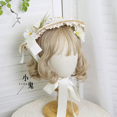 (BuyForMe) Xiaogui~Flower Lolita Tea Party Straw Hat Suitable for both adults and children (with clips) milk white 