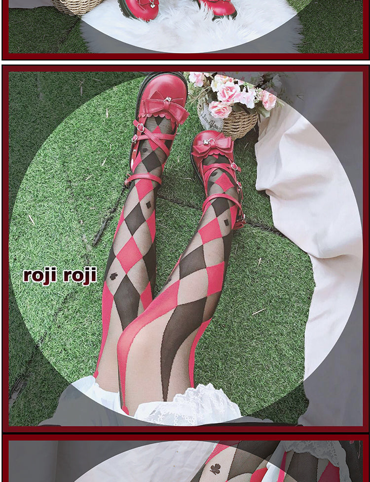 Roji roji~diamond Argyle Lolita Tights free size black + wine red