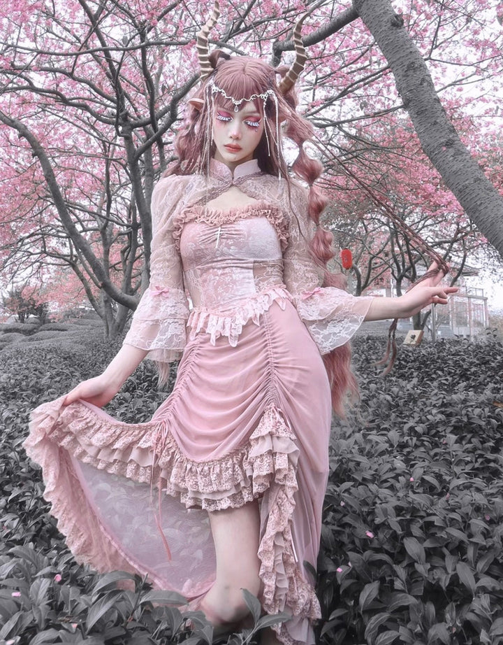 Blood Supply~Sakura Nightmare~Pink Gothic Velvet Drawstring Dress   