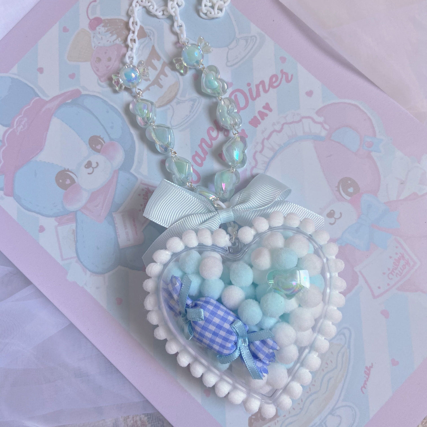 (Buyforme)Bear doll~Sweet Lolita Handmade Necklace Sweater Chain light blue heart  