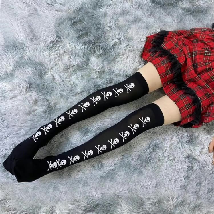Sanchuntao~J-fashion Halloween Thin Skull Stockings black free size 