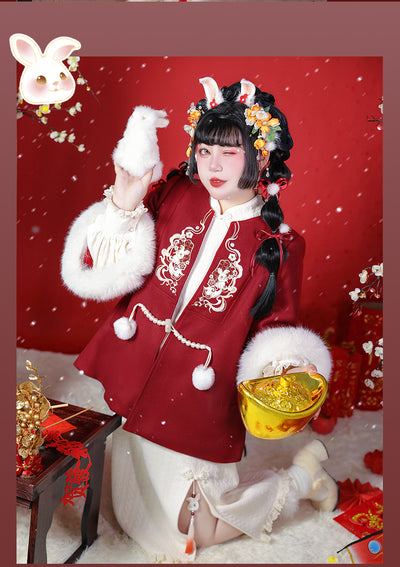 Yingtang~Plus Size Han Lolita Winter Rabbit Cheongsam Set XL red rabbit-fur coat 