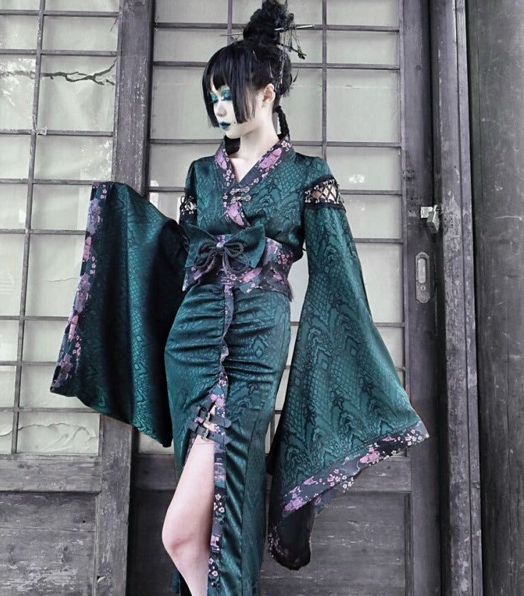 Blood Supply~Lustful Snake~Snake Furisode Gothic Lolita Kimono Set S dark green kimono 