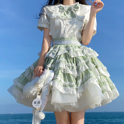 With PUJI~Summer Fresh Multicolors Tiered Lolita Skirt S grass green 