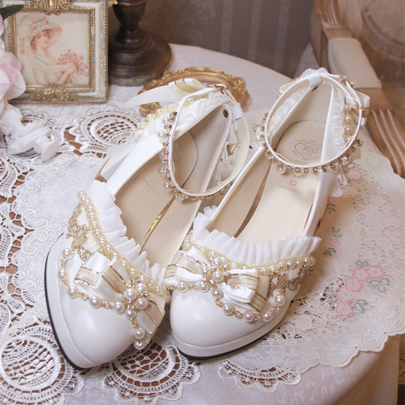 One Night~Handmade White Wedding Lolita Heel Shoes   