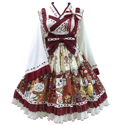 Alice Girl~Lucky Cat~Wa Lolita  Cat Printed Jumper Skirt   