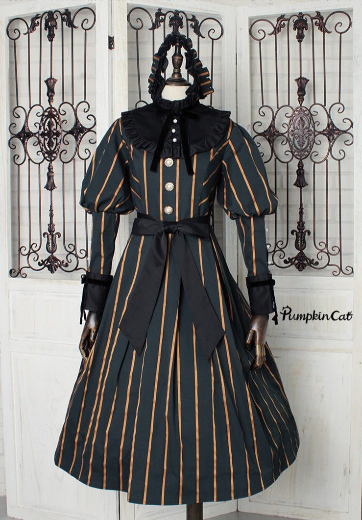 Pumpkin Cat~Elegant Charlotte~Elegant Stripe Lolita OP Dress free size black set 