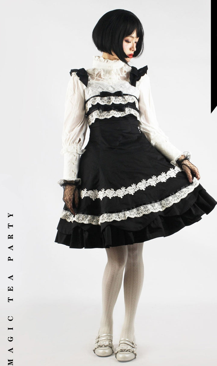 Magic Tea Party~Solid Color Lolita Casual Dress Floral Dress JSK S Lace chest black