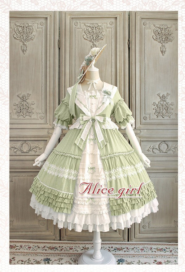 Alice Girl~Cotton Lolita Dress Sunflower Ruffle OP Dress S grass green (short sleeve version) 