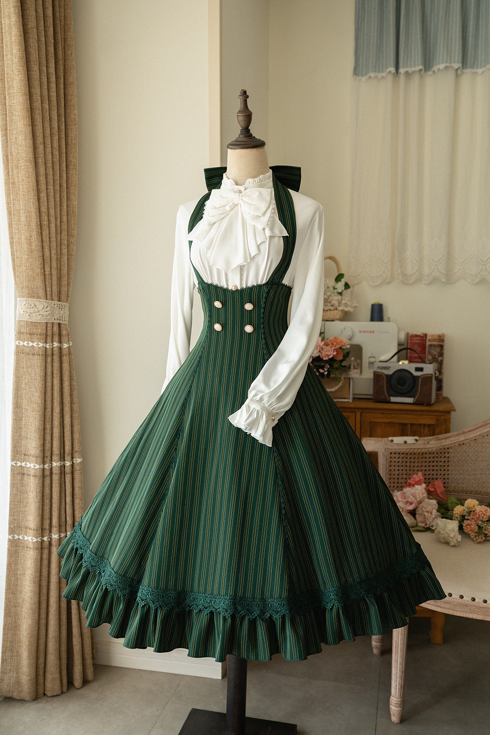Forest Wardrobe - South of the Forest - Vintage Lolita Halter JSK Dress, French Style Blouse S Dark Green Striped JSK
