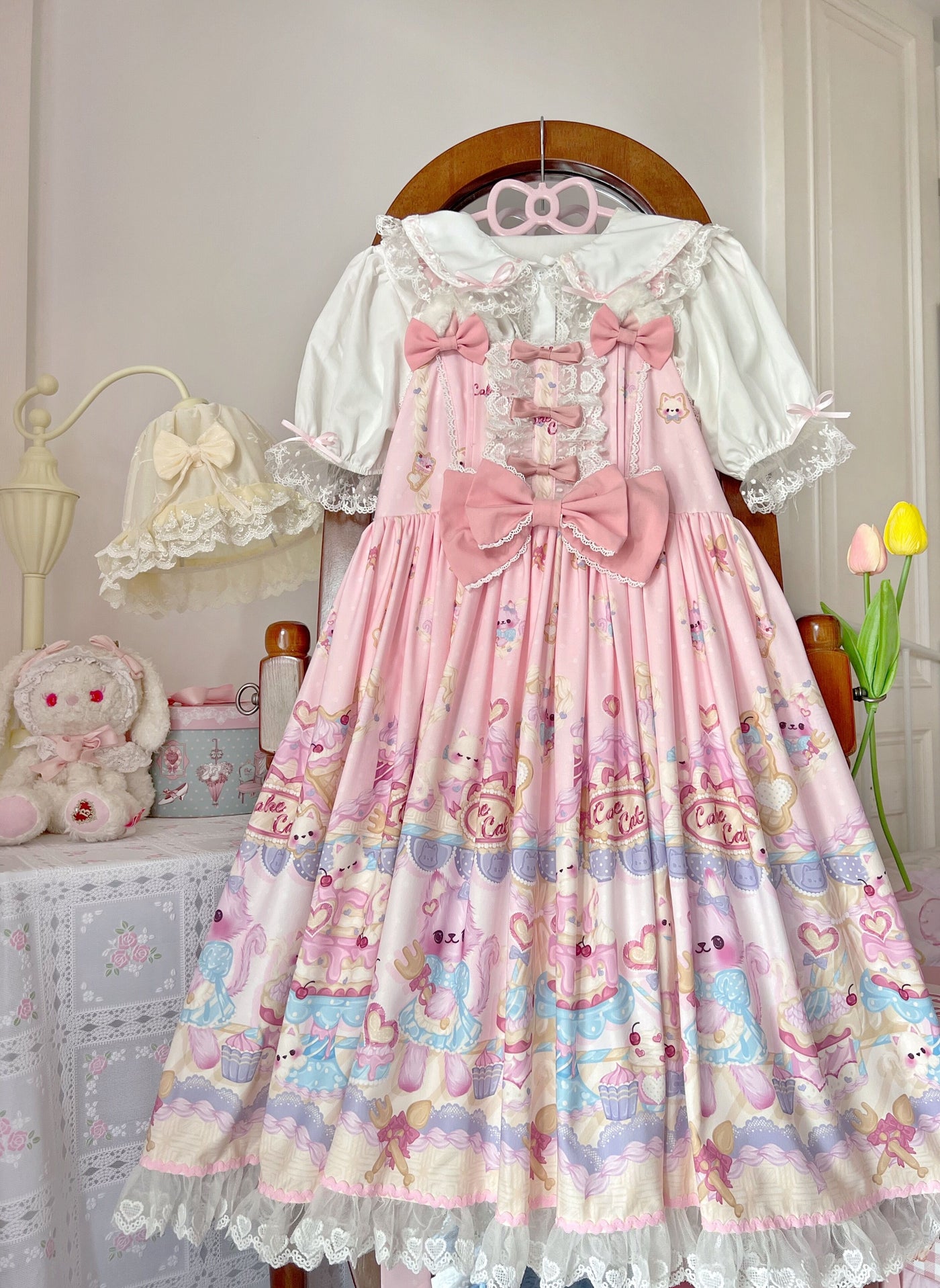 (Buyforme)White Sugar Girl~Cute Lolita Cat Printed Sweet JSK Dress S pink jsk 