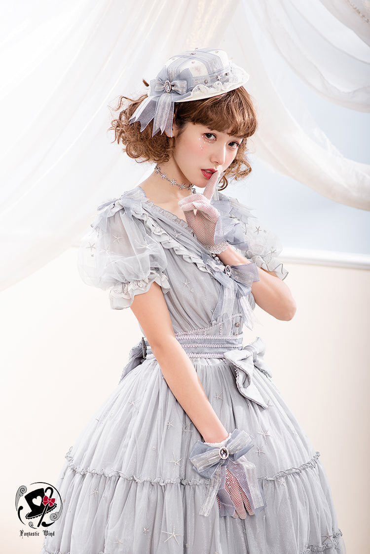 Fantastic Wind ~ Princess Stamping Embroidery  Lolita OP S sliver grey short sleeves and short dress 
