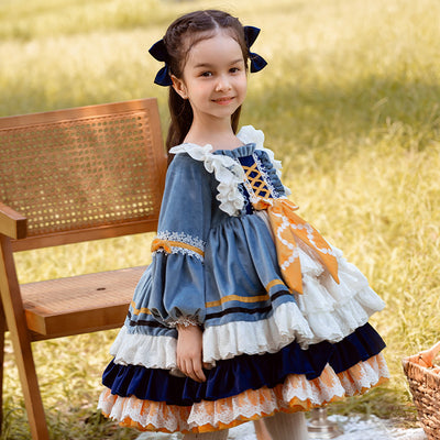 Kid Lolita Blue Princess Dress Flounce Hemline blue 90cm 