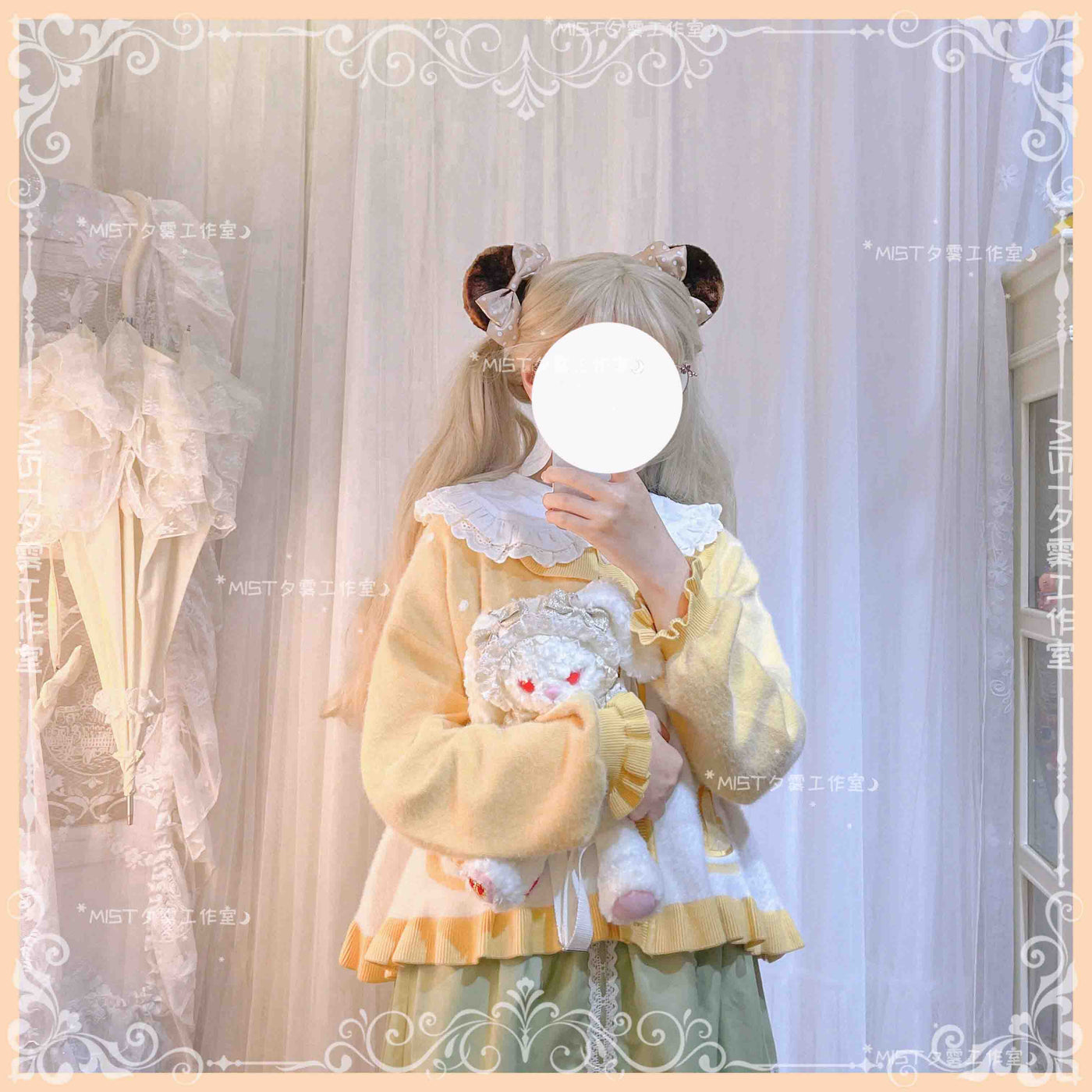 MIST~Beating Heart~Sweet Lolita Thick Sweater Coat Puff Sleeve L butter yellow 