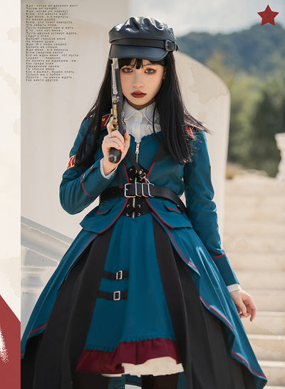 Cyan Lolita~Dwanguard~Military Lolita JSK and Jacket black corset JSK＋short jacket S 