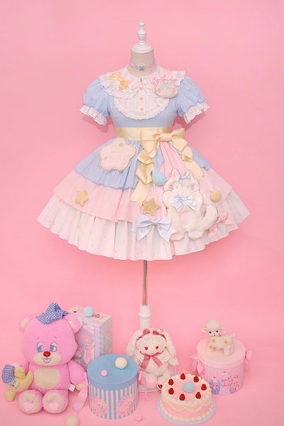 Alice Girl~Sweet Lolita Dress~Candy Cat OP Dress XS blue-pink（OP only） 