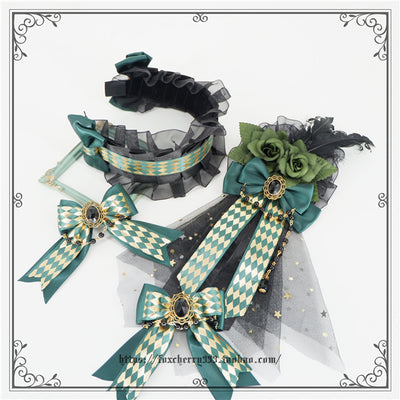Fox Cherry~Green Lattice Rabbit Ear Bow Lolita Hat Headdress   