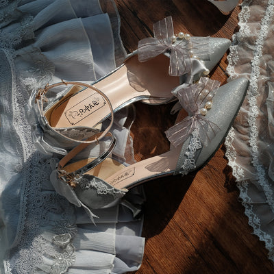 Sky Rabbit~Flower Wedding Elegant Lolita High Heel Shoes 34 5cm silver gray 