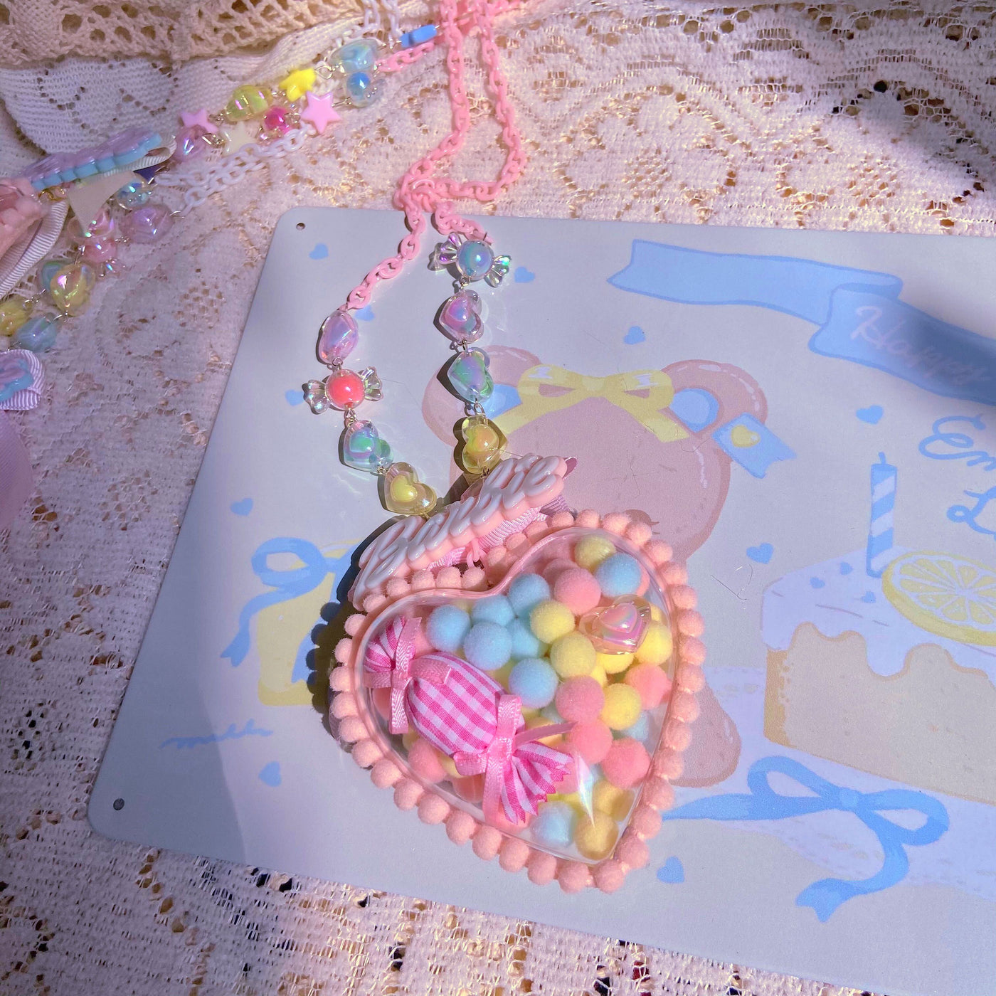 (Buyforme)Bear doll~Sweet Lolita Handmade Necklace Sweater Chain pink heart  