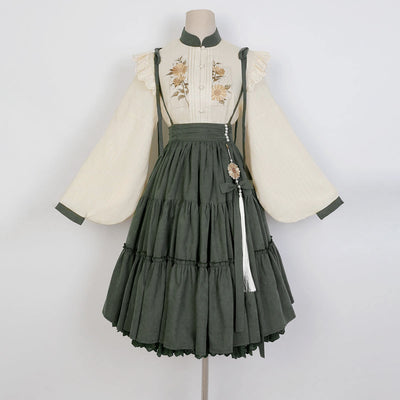 (Buyforme)Meow Jun~Sunflower Appointment~Chinese Style Skirt and Blouse S beige blouse+suspender skirt (with a free pendant) 