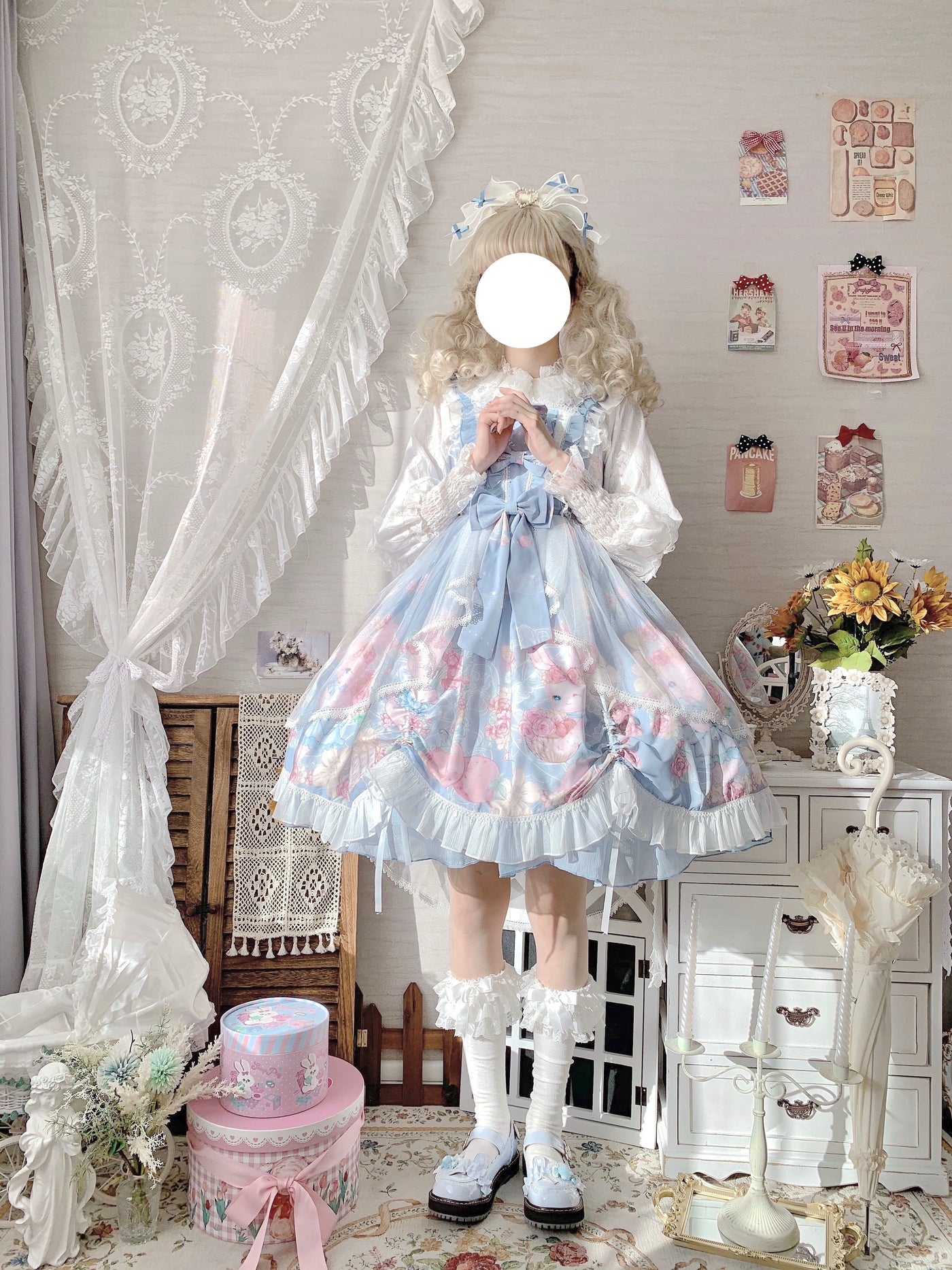 (Buyforme)White Sugar Girl~Lolita Wreath Bunny Printed Summer JSK   