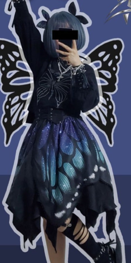 Star Fantasy - The Butterfly Effect Lace-up Punk Skirt Set dark blue green normal waist (long version)