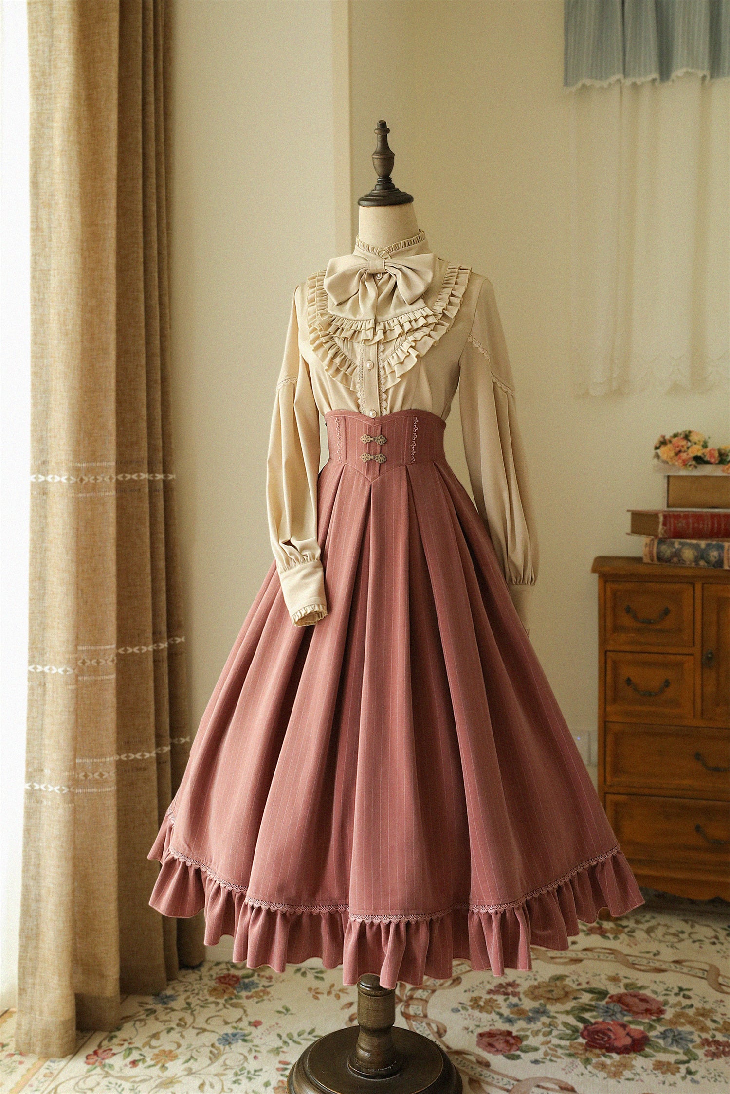 Forest Wardrobe - North of the Forest - Classic Lolita Striped Vest Skirt Set S Pink Long Skirt In stock