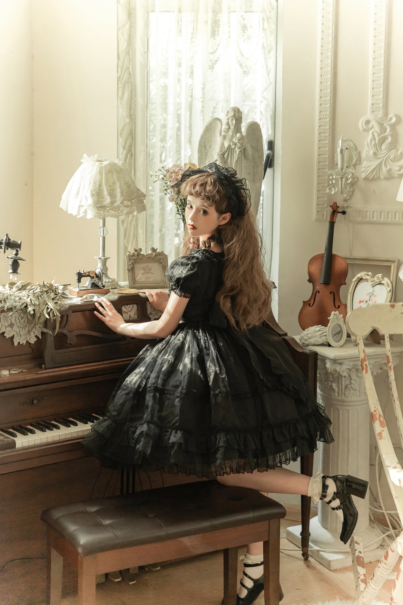 Little Bear~Mini Puff-Sleeve OP Dress with Organza   