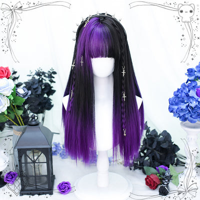 Dalao Home~Limited~Straight Long Idol Lolita Wig limited*black and purple with hair net  